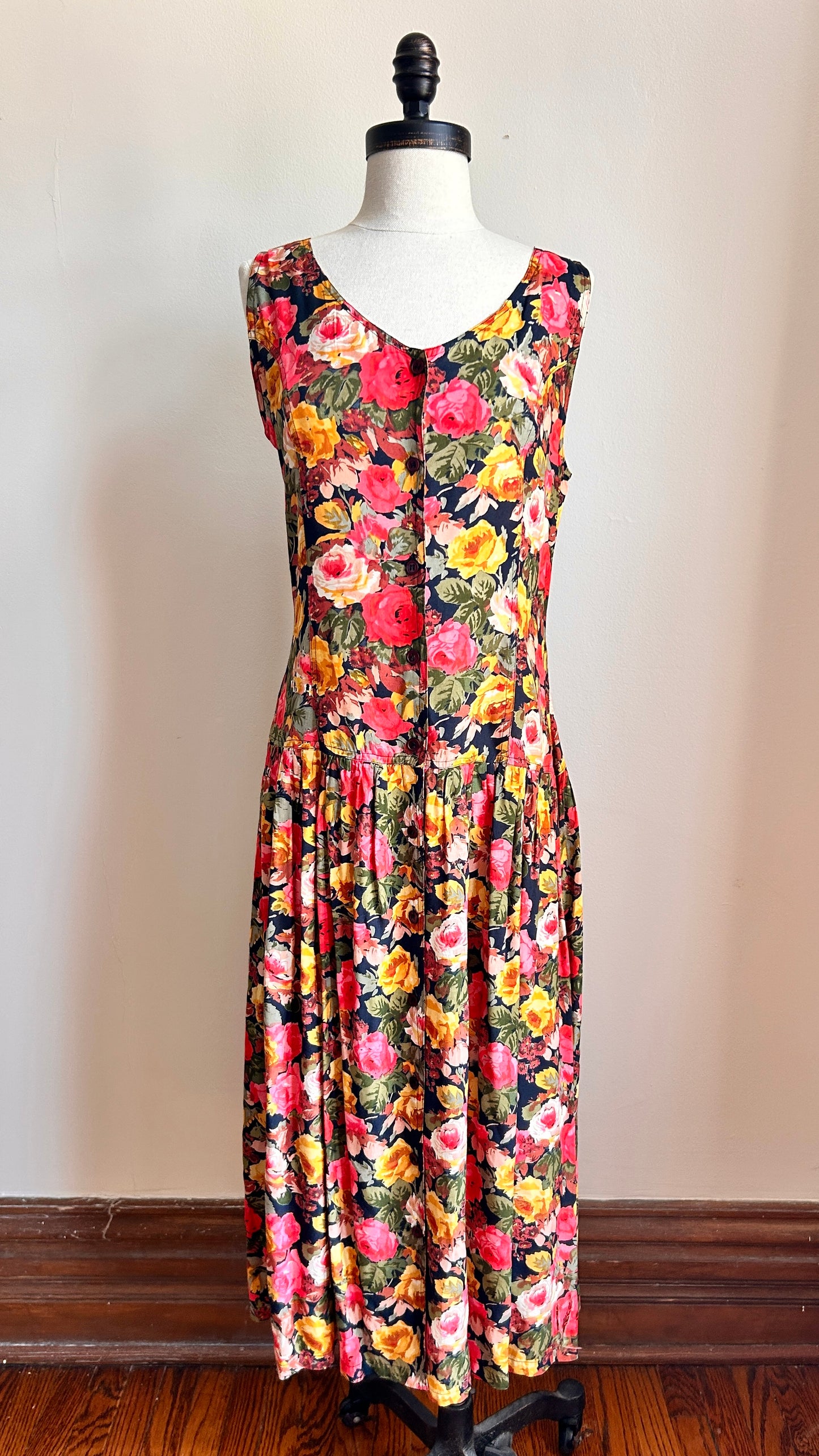 1990s floral drop waist maxi dress, sz. small