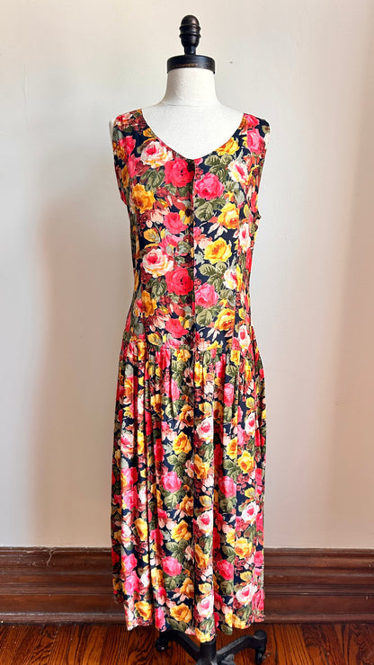 1990s floral drop waist maxi dress, sz. small
