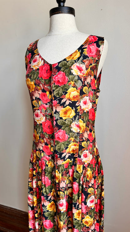 1990s floral drop waist maxi dress, sz. small
