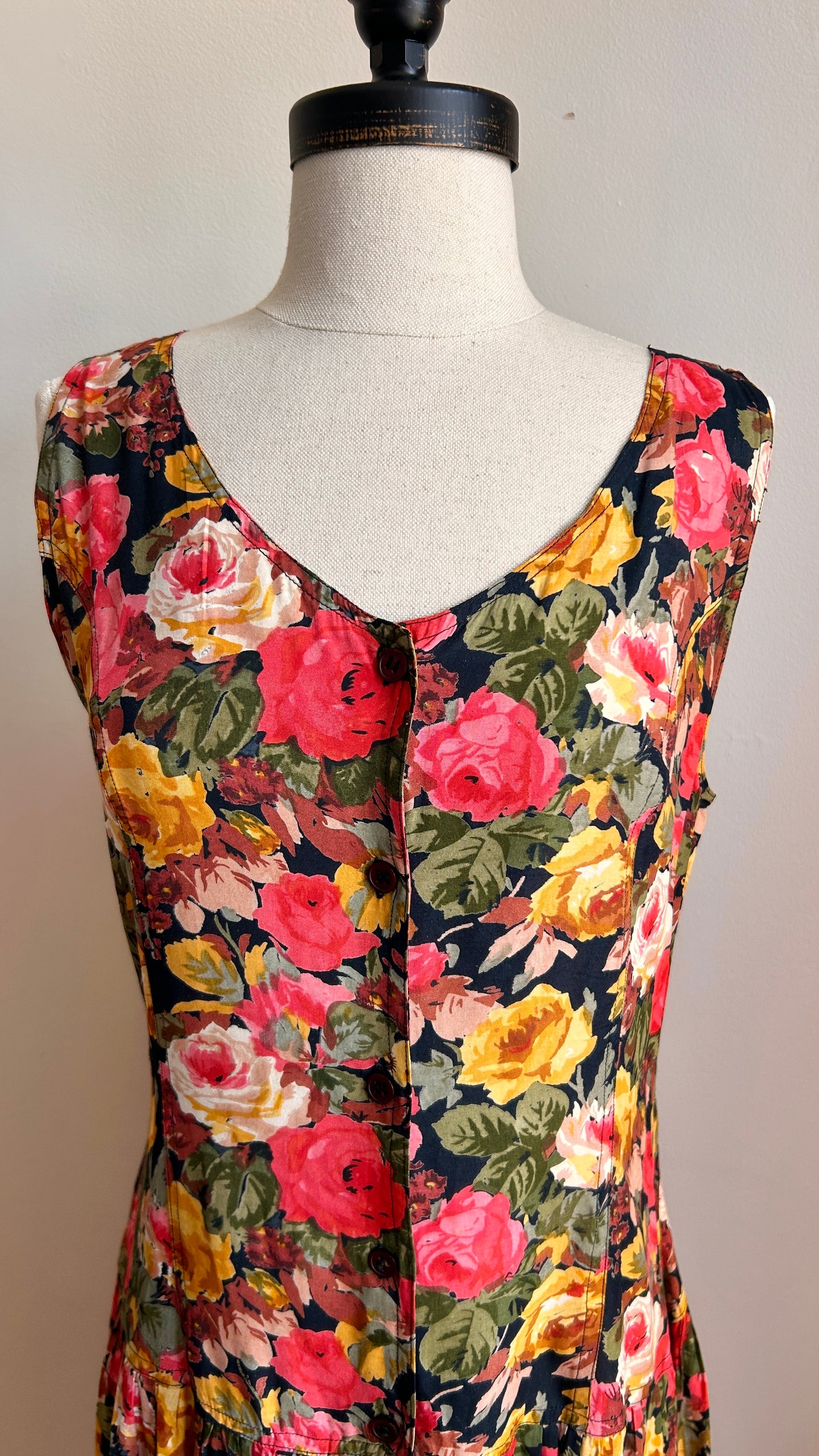1990s floral drop waist maxi dress, sz. small