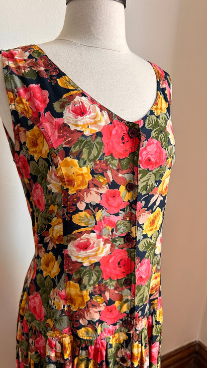 1990s floral drop waist maxi dress, sz. small