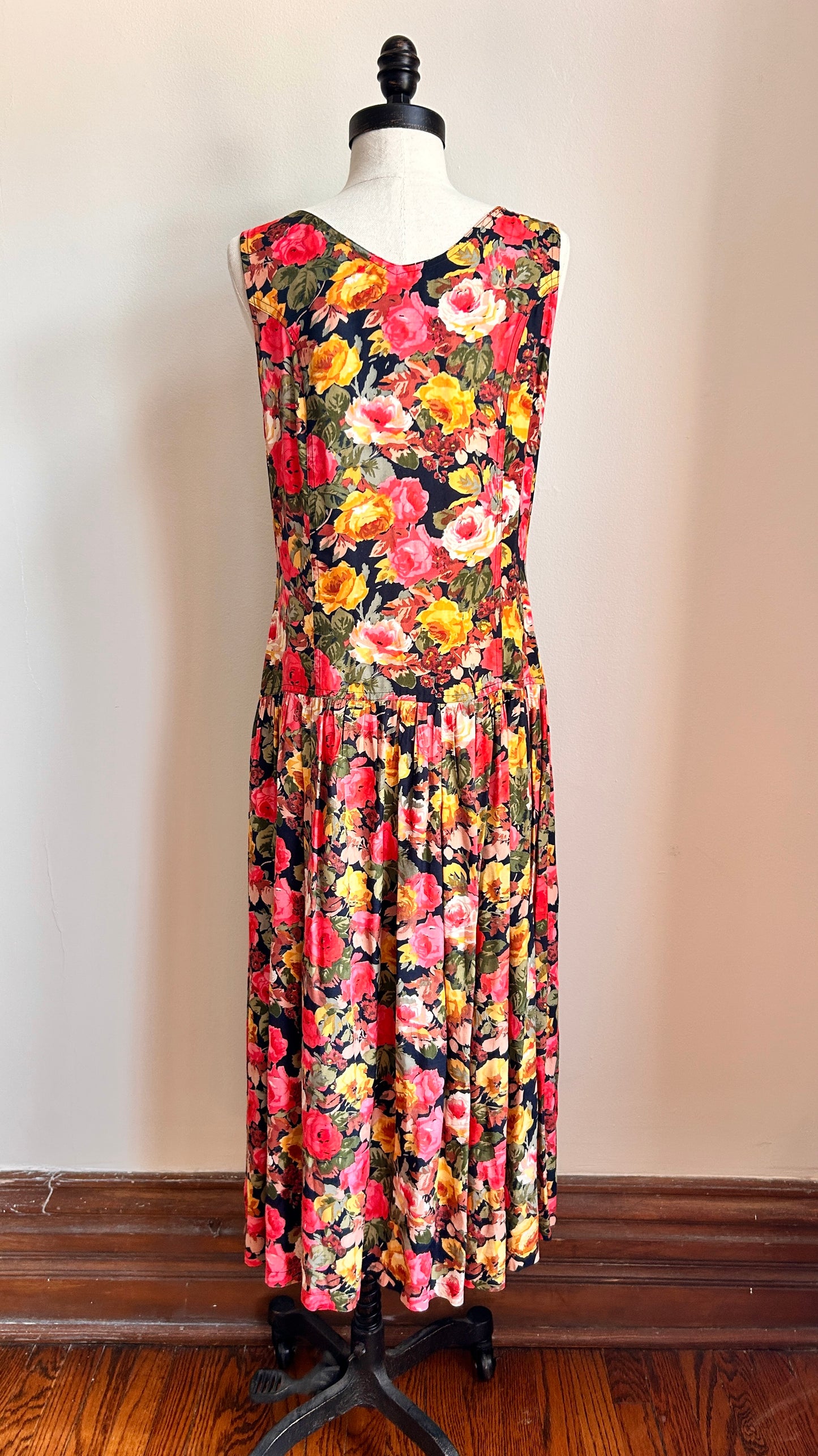 1990s floral drop waist maxi dress, sz. small