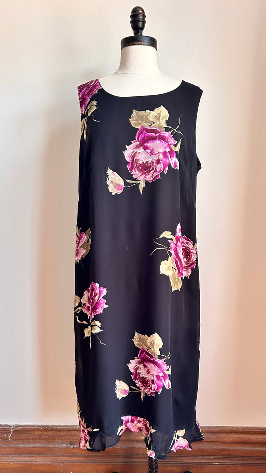 1990s black floral maxi shift dress, sz. large