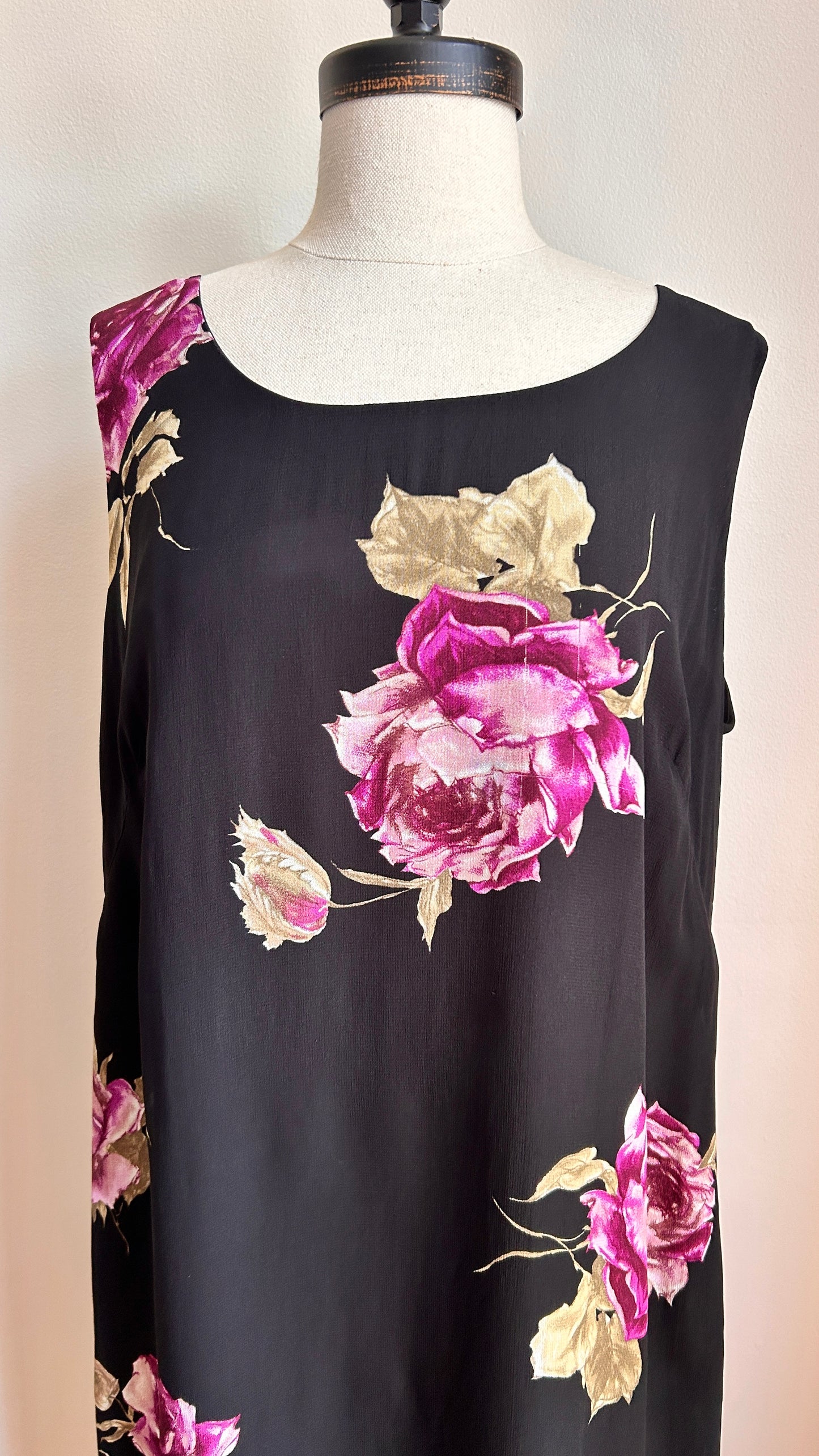 1990s black floral maxi shift dress, sz. large