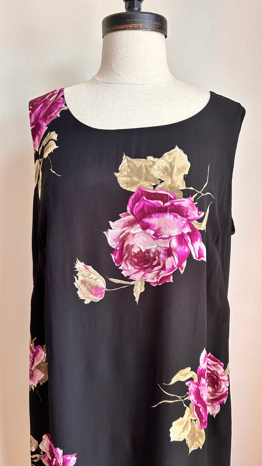 1990s black floral maxi shift dress, sz. large