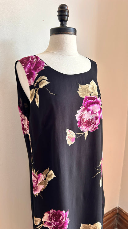 1990s black floral maxi shift dress, sz. large