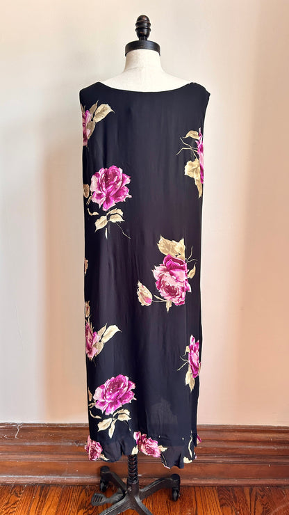 1990s black floral maxi shift dress, sz. large