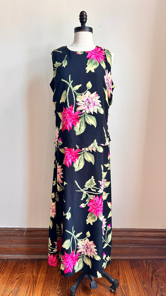 1990s black floral layered maxi dress, sz. medium