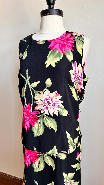 1990s black floral layered maxi dress, sz. medium