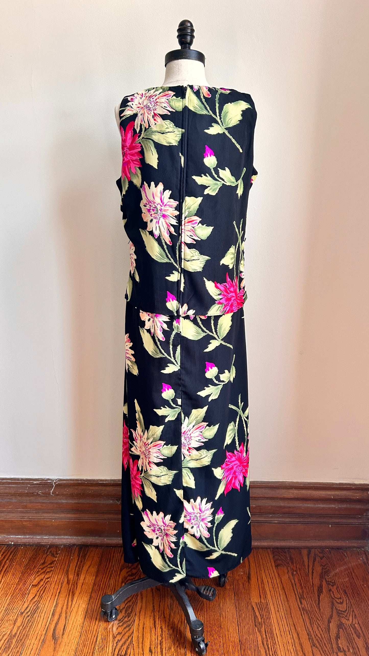 1990s black floral layered maxi dress, sz. medium