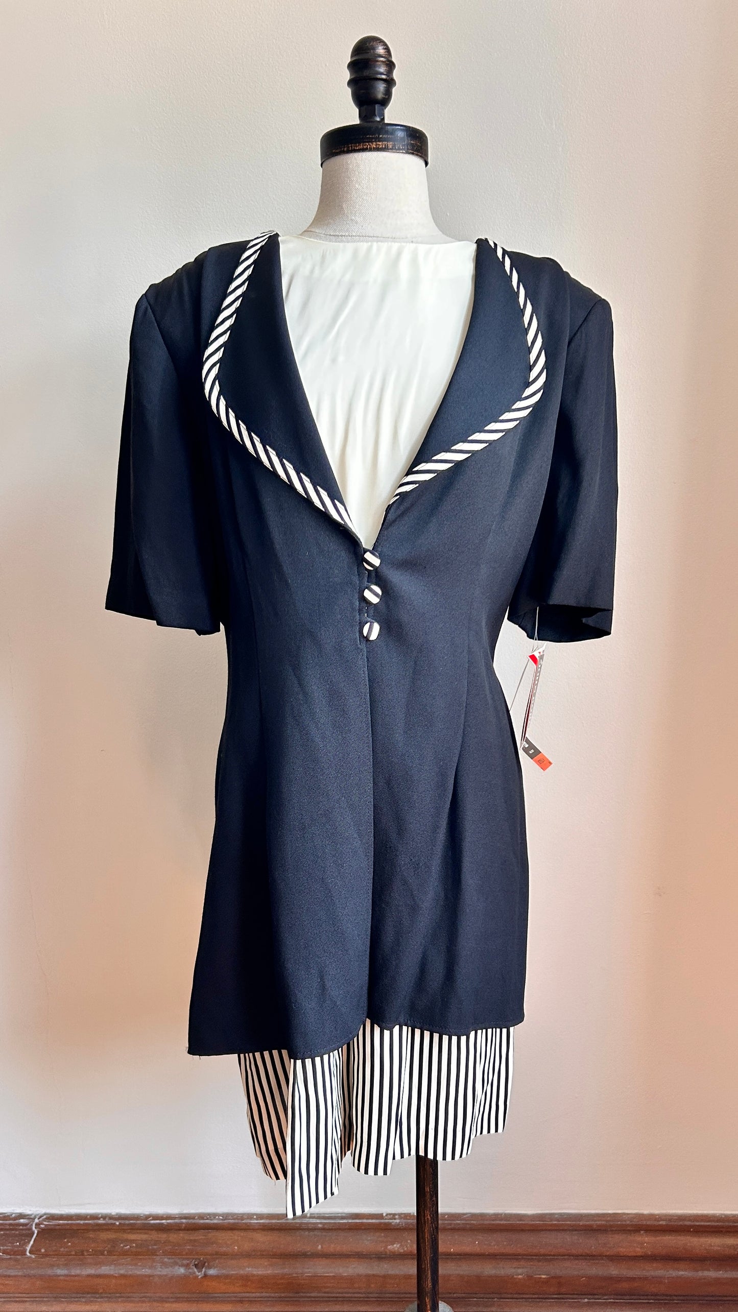 1980s black + white striped romper, sz. large