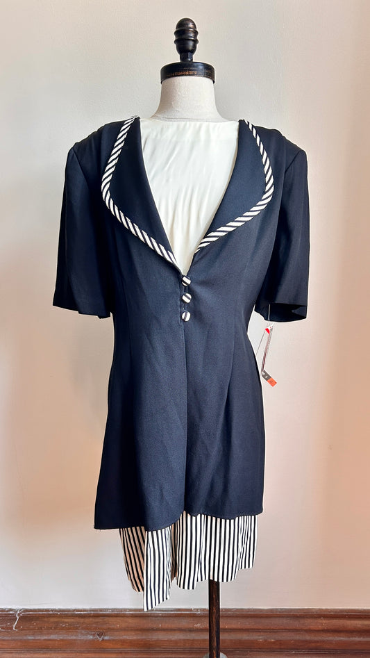 1980s black + white striped romper, sz. large