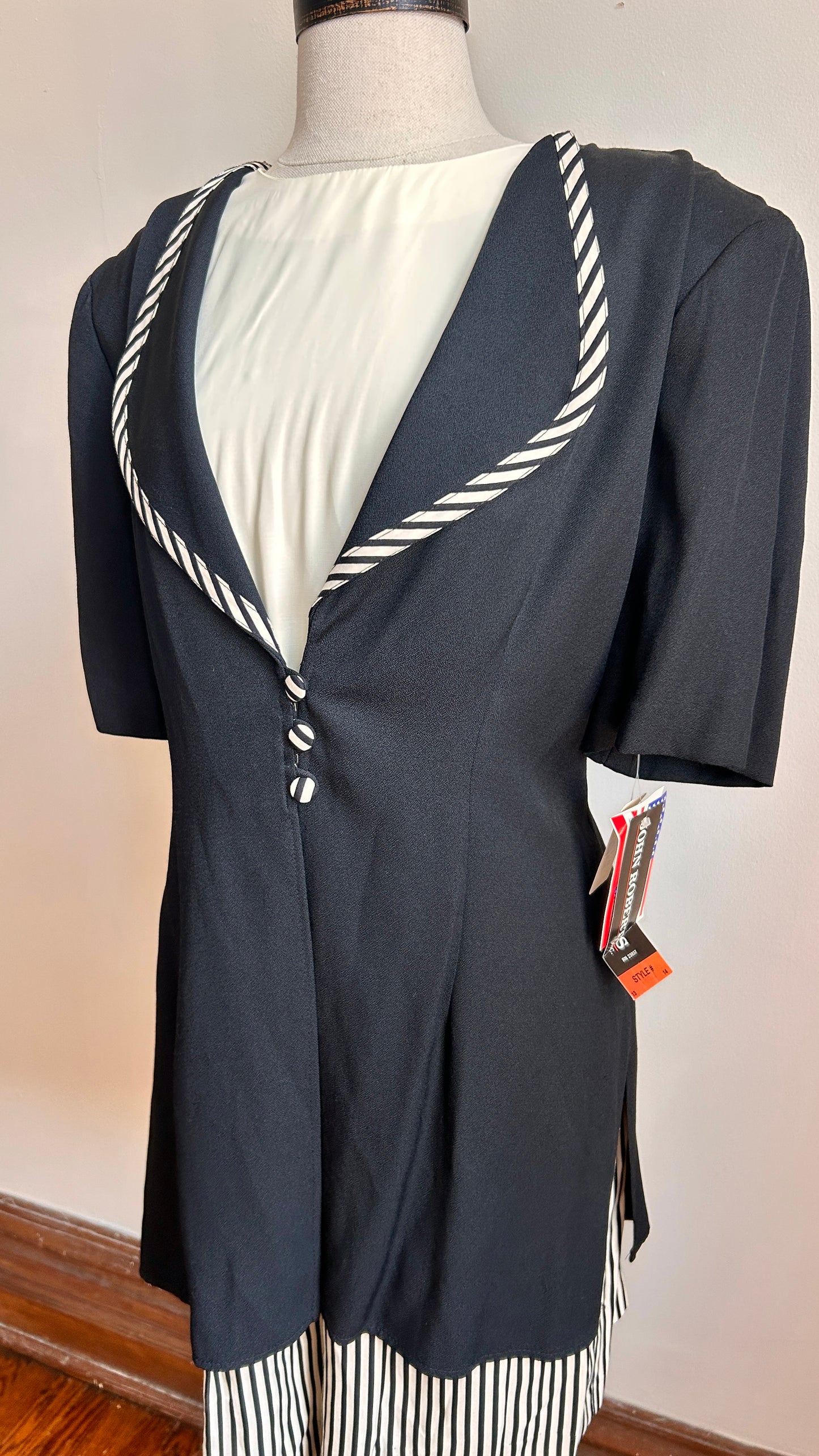 1980s black + white striped romper, sz. large