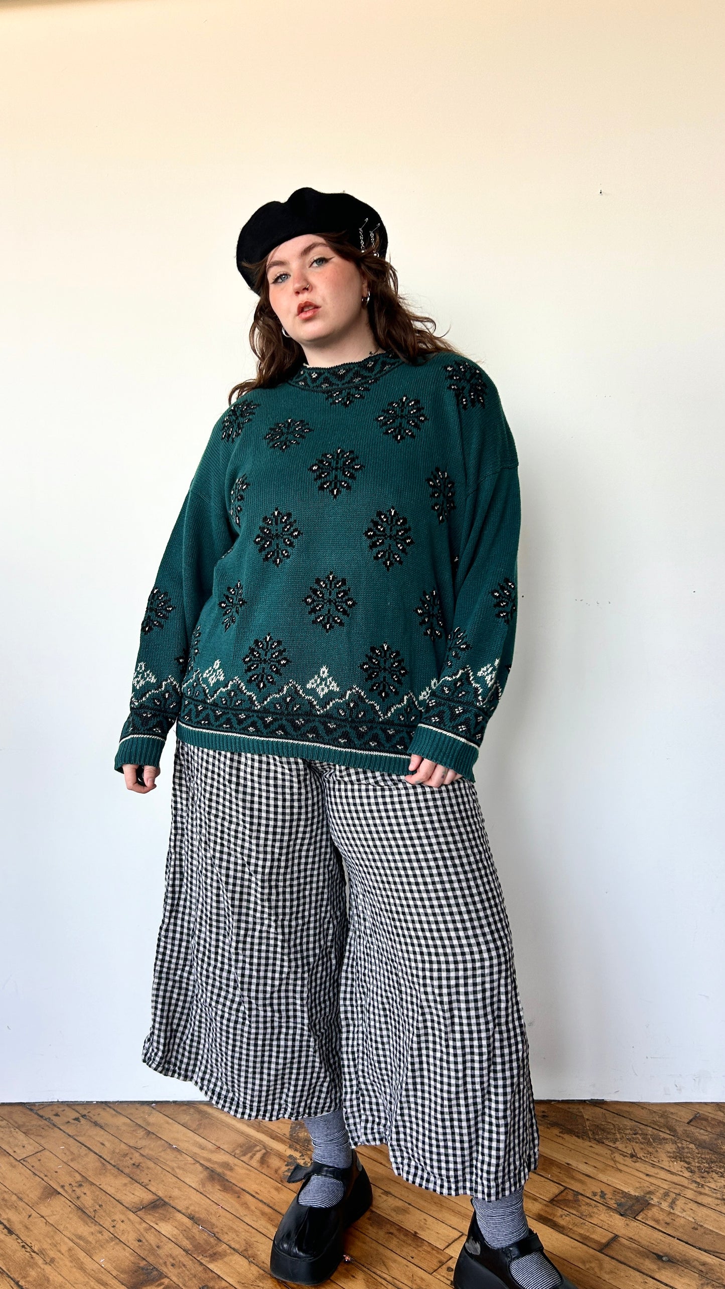 1990s teal + black snowflake sweater, sz. 3X