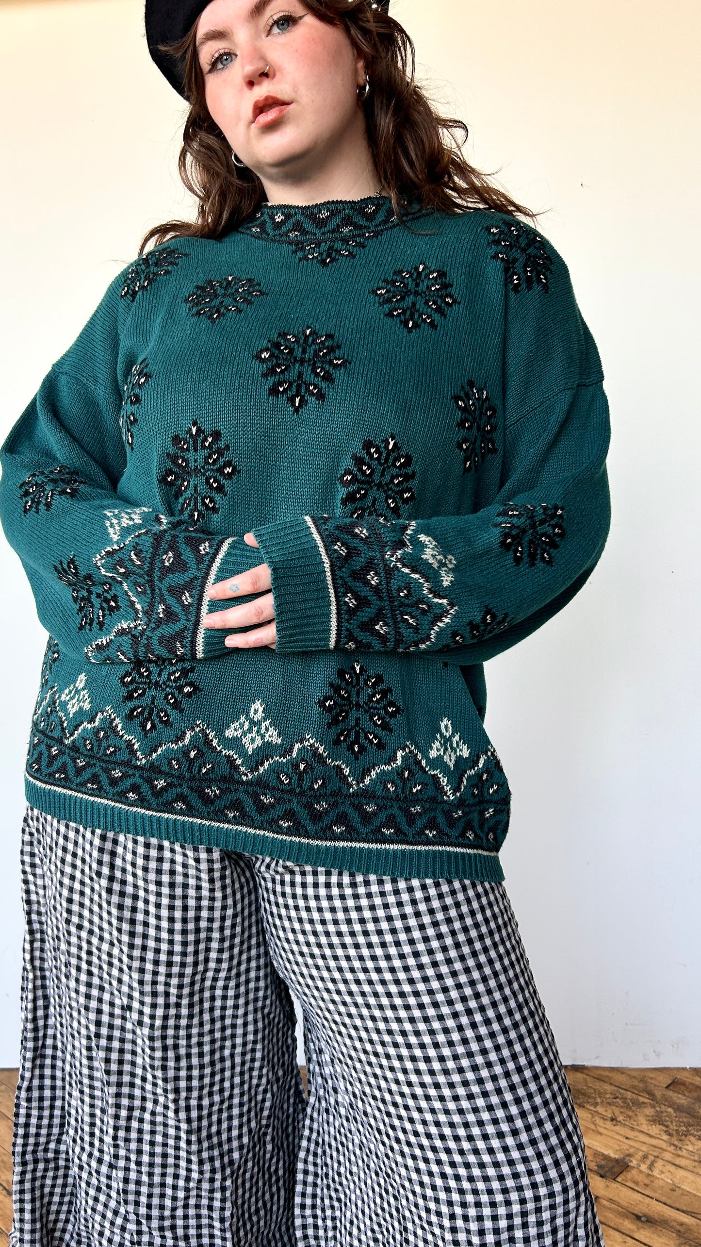 1990s teal + black snowflake sweater, sz. 3X