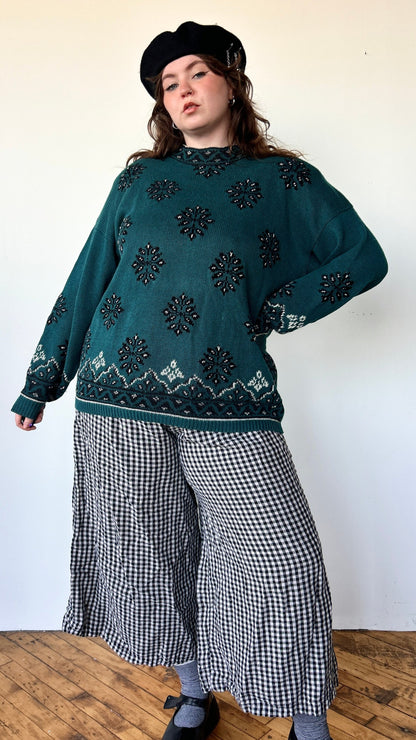 1990s teal + black snowflake sweater, sz. 3X