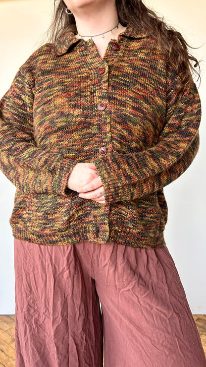 1990s brown + orange knit cardigan sweater, sz. 2X