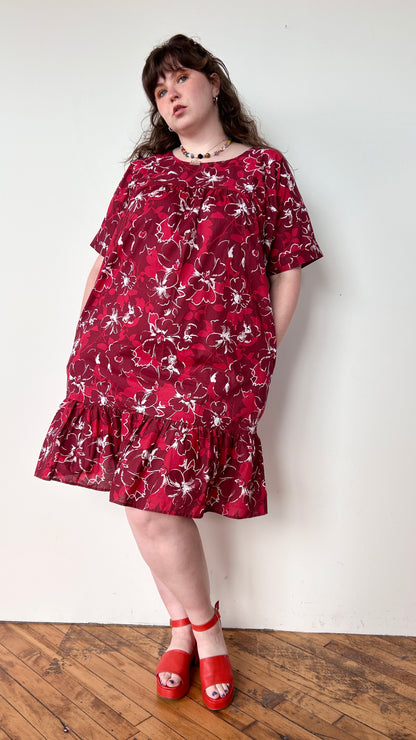 1990s red floral house dress, sz. 1X/2X