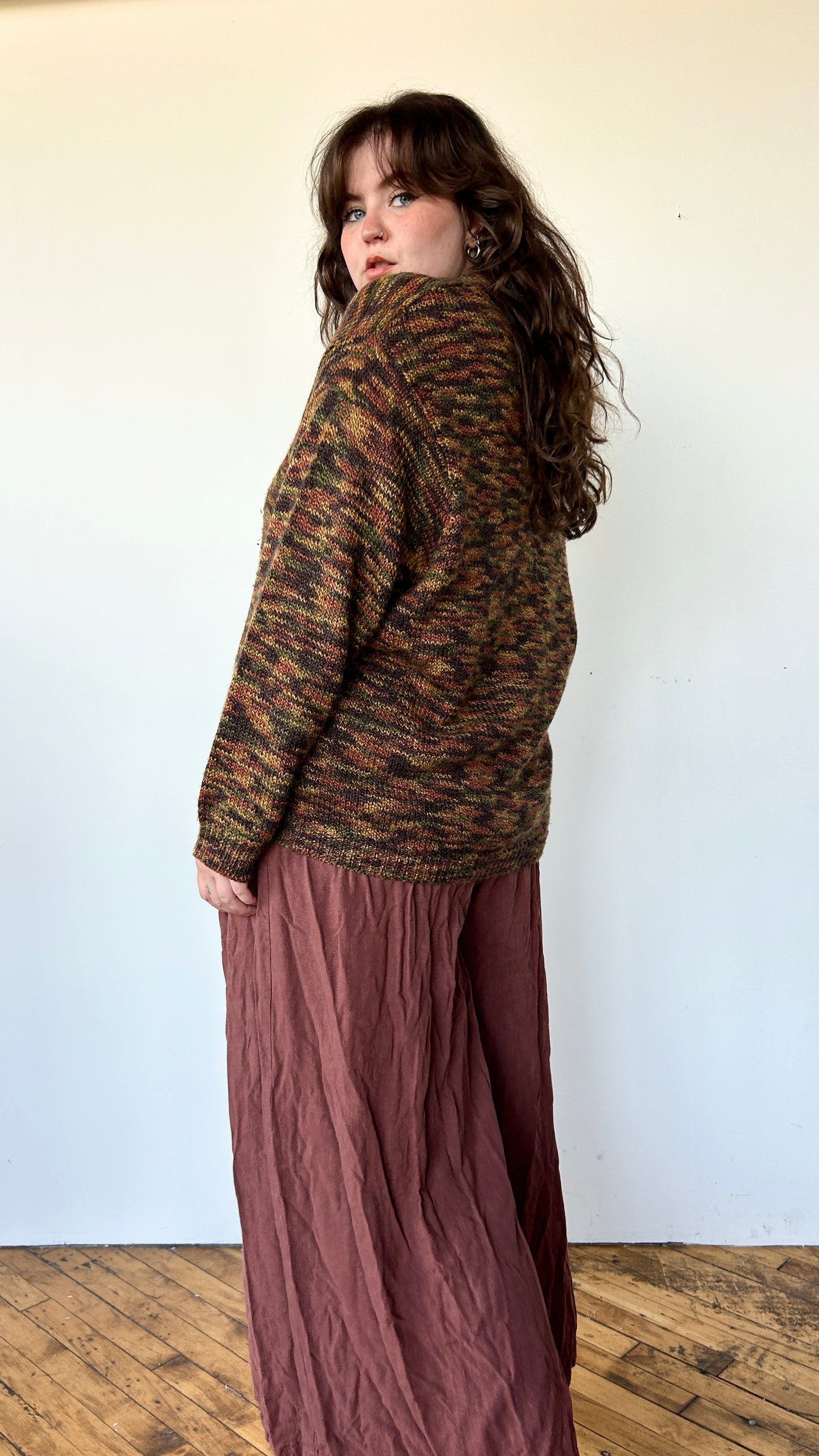 1990s brown + orange knit cardigan sweater, sz. 2X