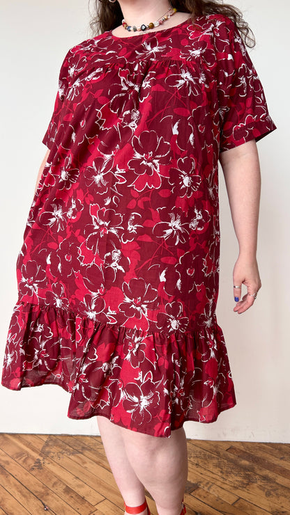 1990s red floral house dress, sz. 1X/2X