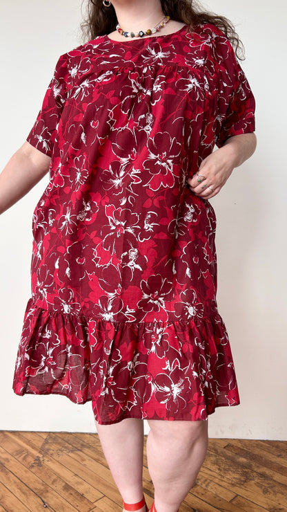 1990s red floral house dress, sz. 1X/2X