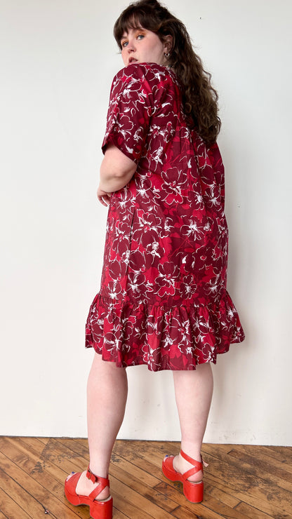 1990s red floral house dress, sz. 1X/2X