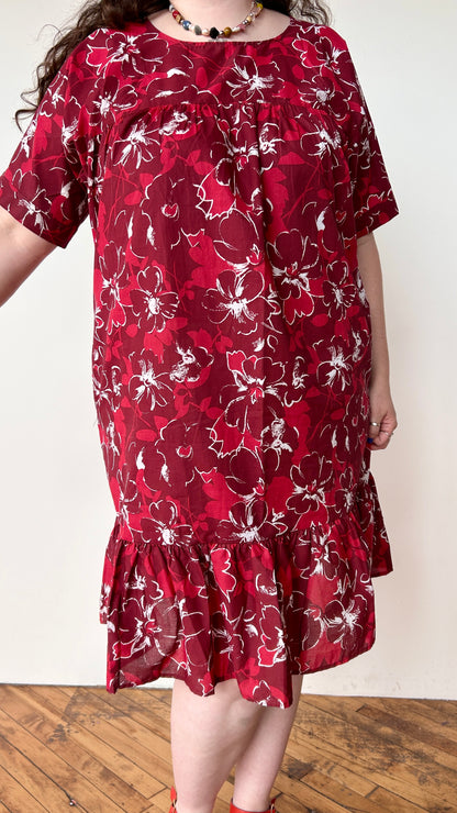 1990s red floral house dress, sz. 1X/2X