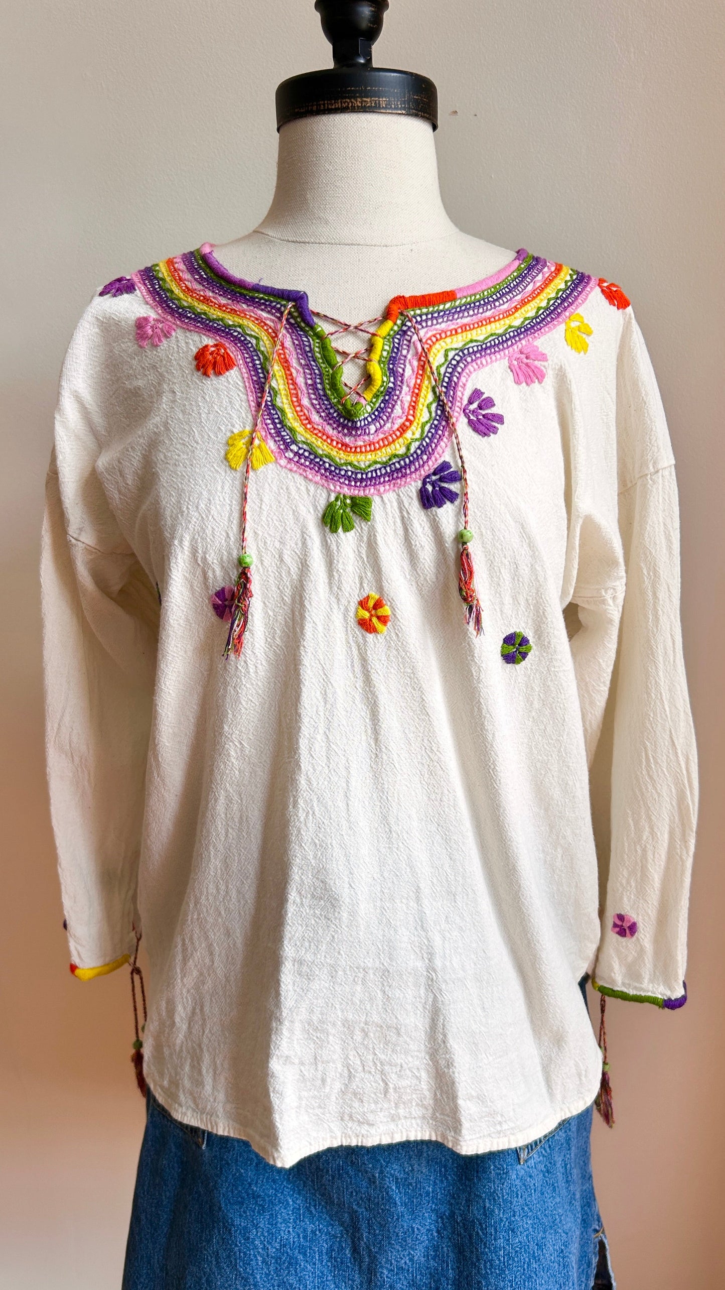 1990s cream embroidered blouse, sz. large