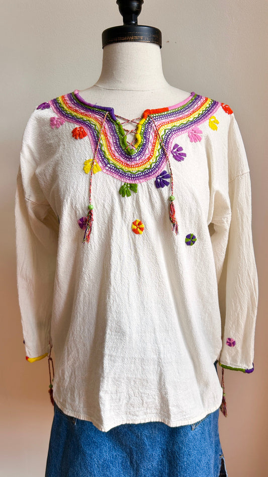 1990s cream embroidered blouse, sz. large