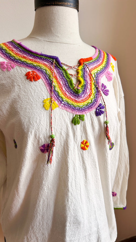 1990s cream embroidered blouse, sz. large