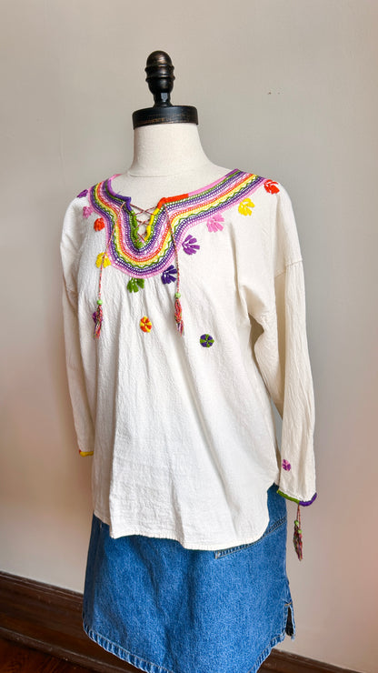 1990s cream embroidered blouse, sz. large