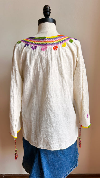 1990s cream embroidered blouse, sz. large