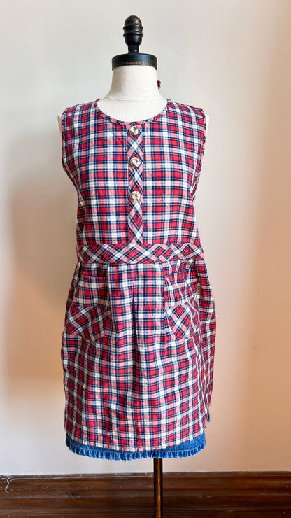 1960s red plaid apron top, sz. small