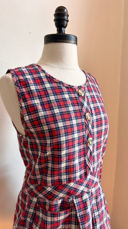 1960s red plaid apron top, sz. small