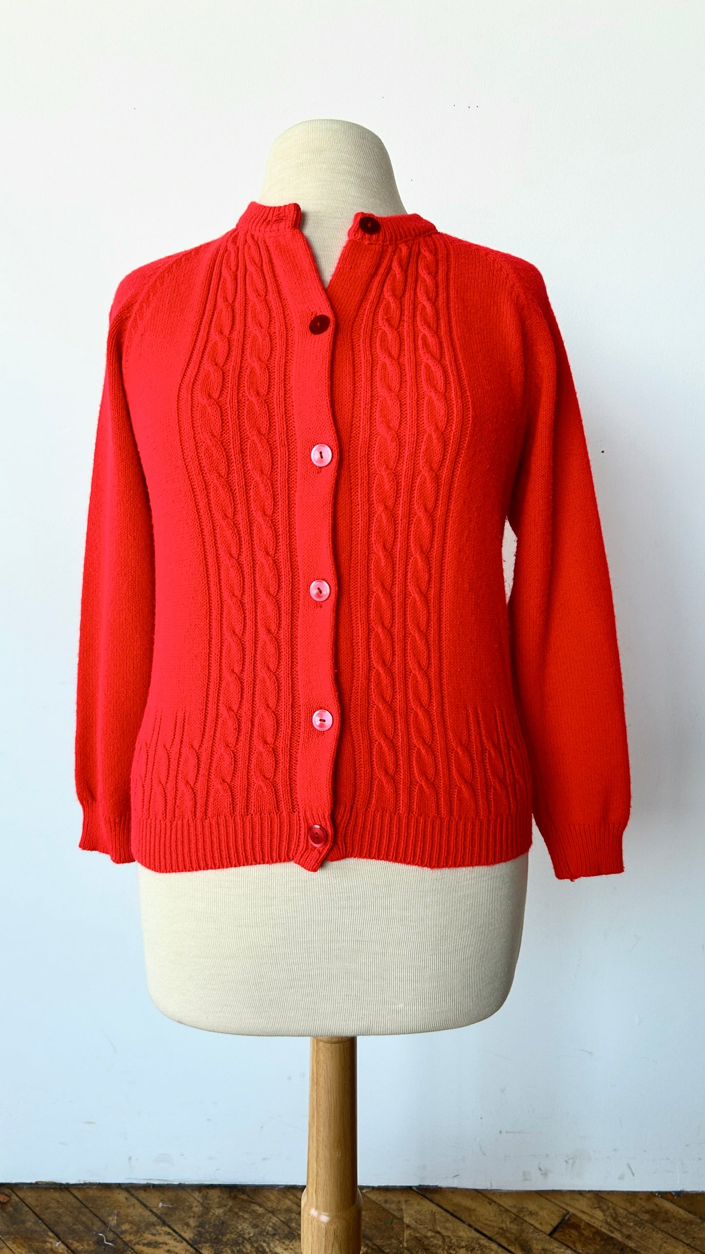 1970s bright red cardigan sweater, sz. medium/large