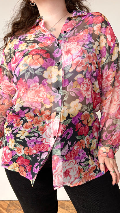 1980s sheer pink floral top, sz. 2X