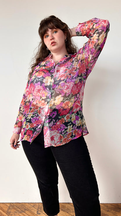 1980s sheer pink floral top, sz. 2X