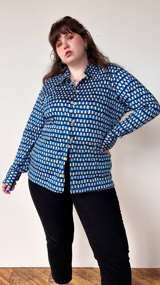 1970s blue + white geometric pattern disco shirt, sz. 3X