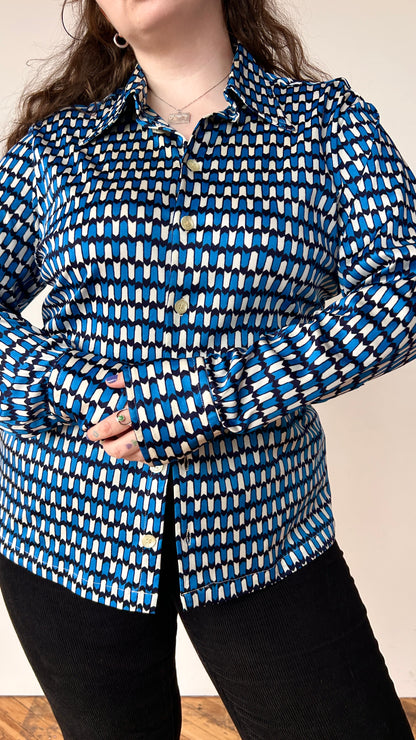 1970s blue + white geometric pattern disco shirt, sz. 3X