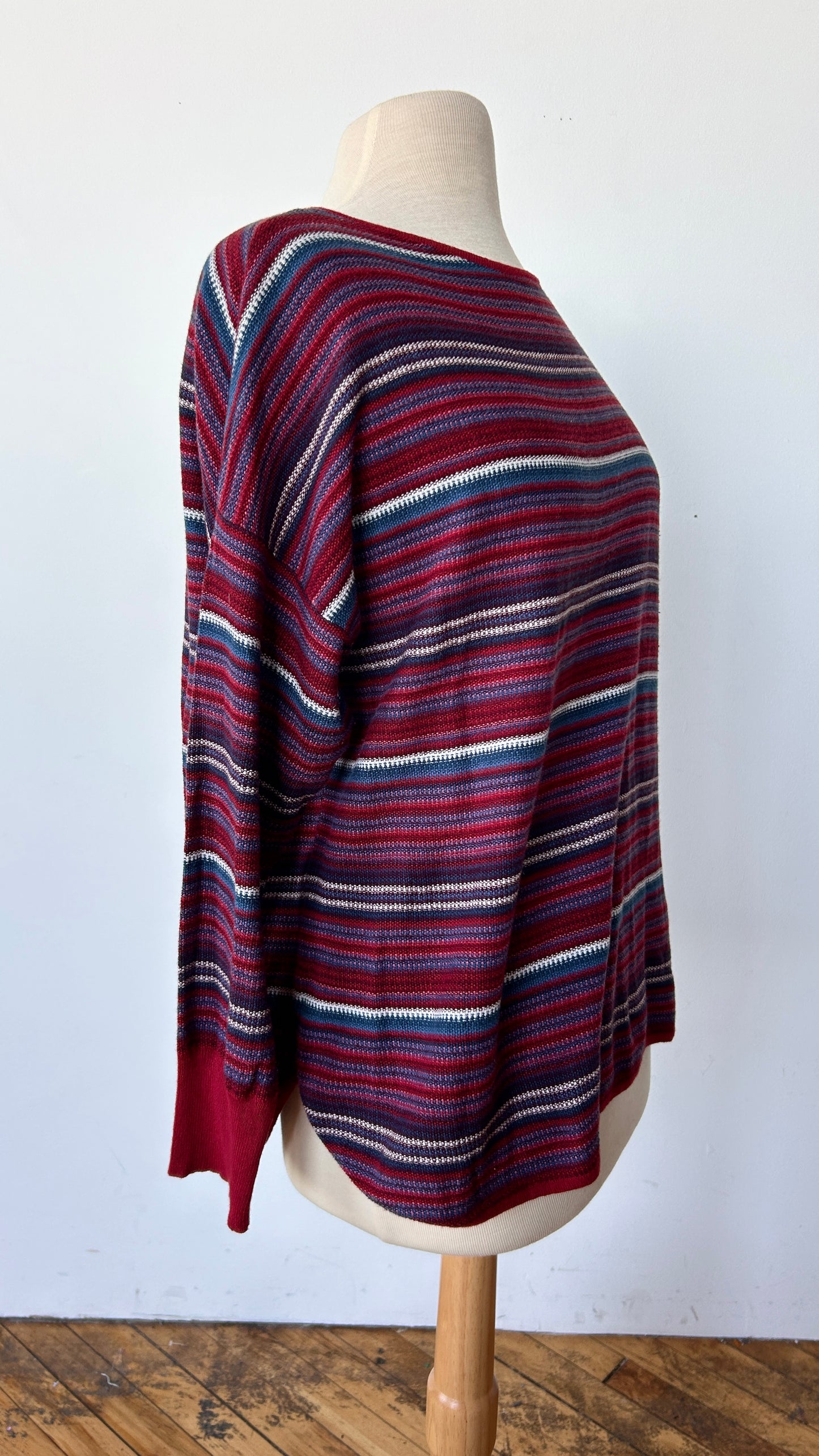 2000s red, blue, + white striped sweater, sz. XL