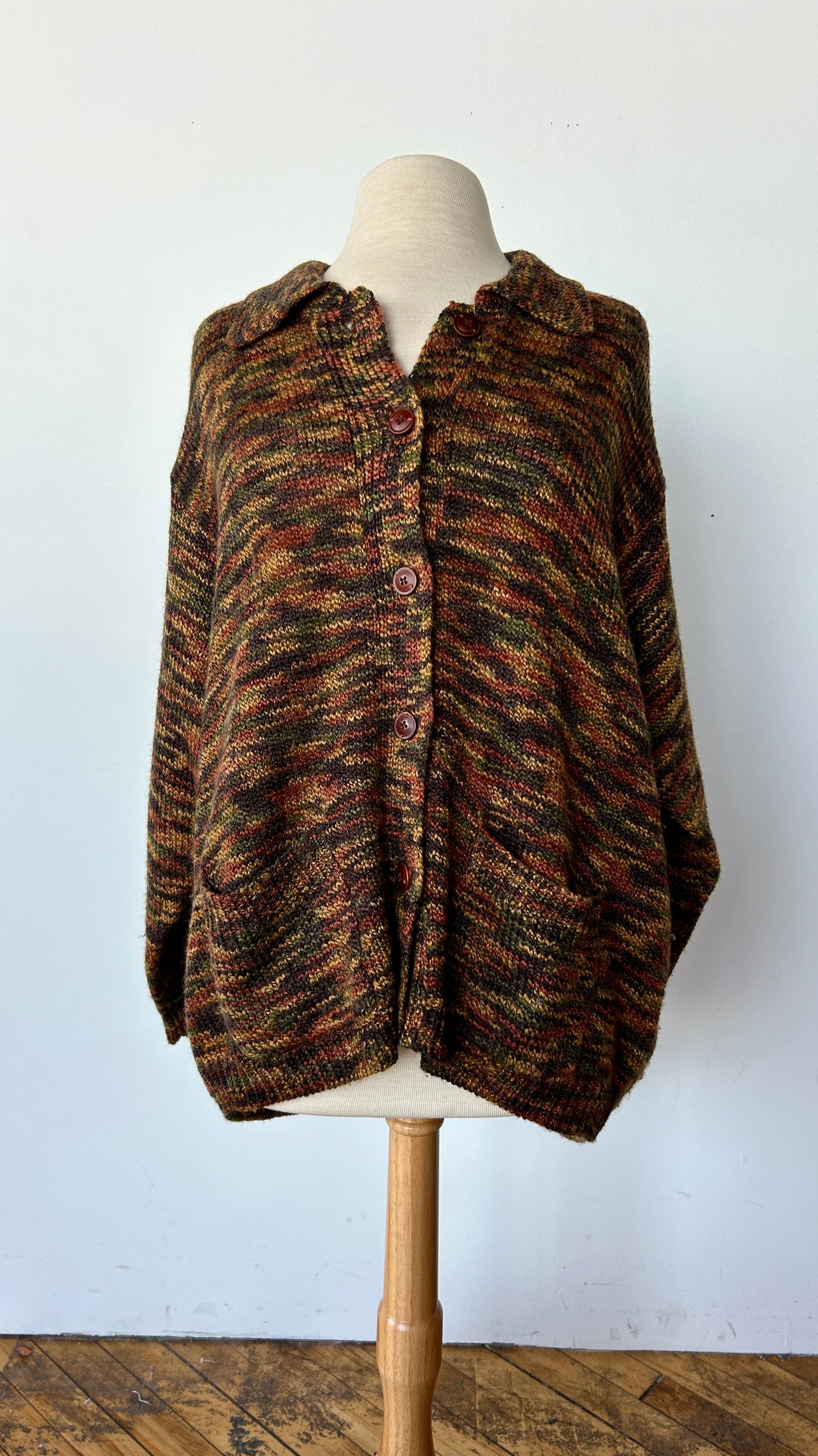 1990s brown + orange knit cardigan sweater, sz. 2X