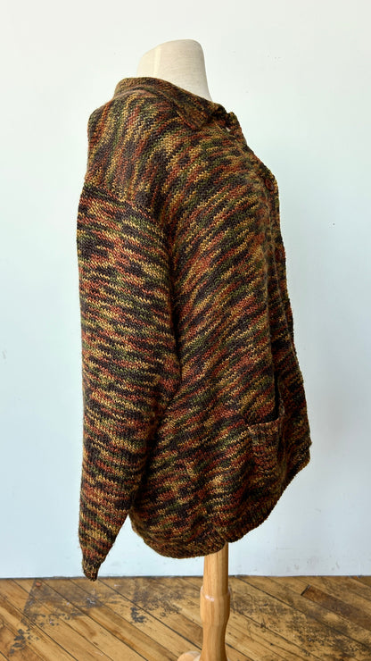 1990s brown + orange knit cardigan sweater, sz. 2X