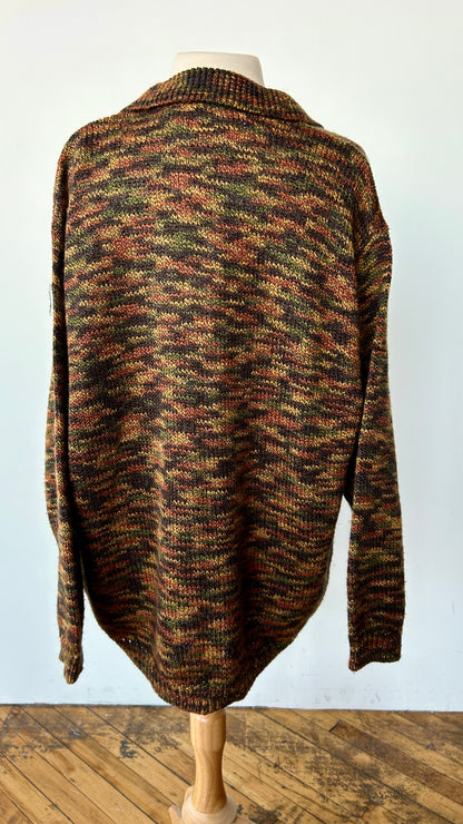 1990s brown + orange knit cardigan sweater, sz. 2X