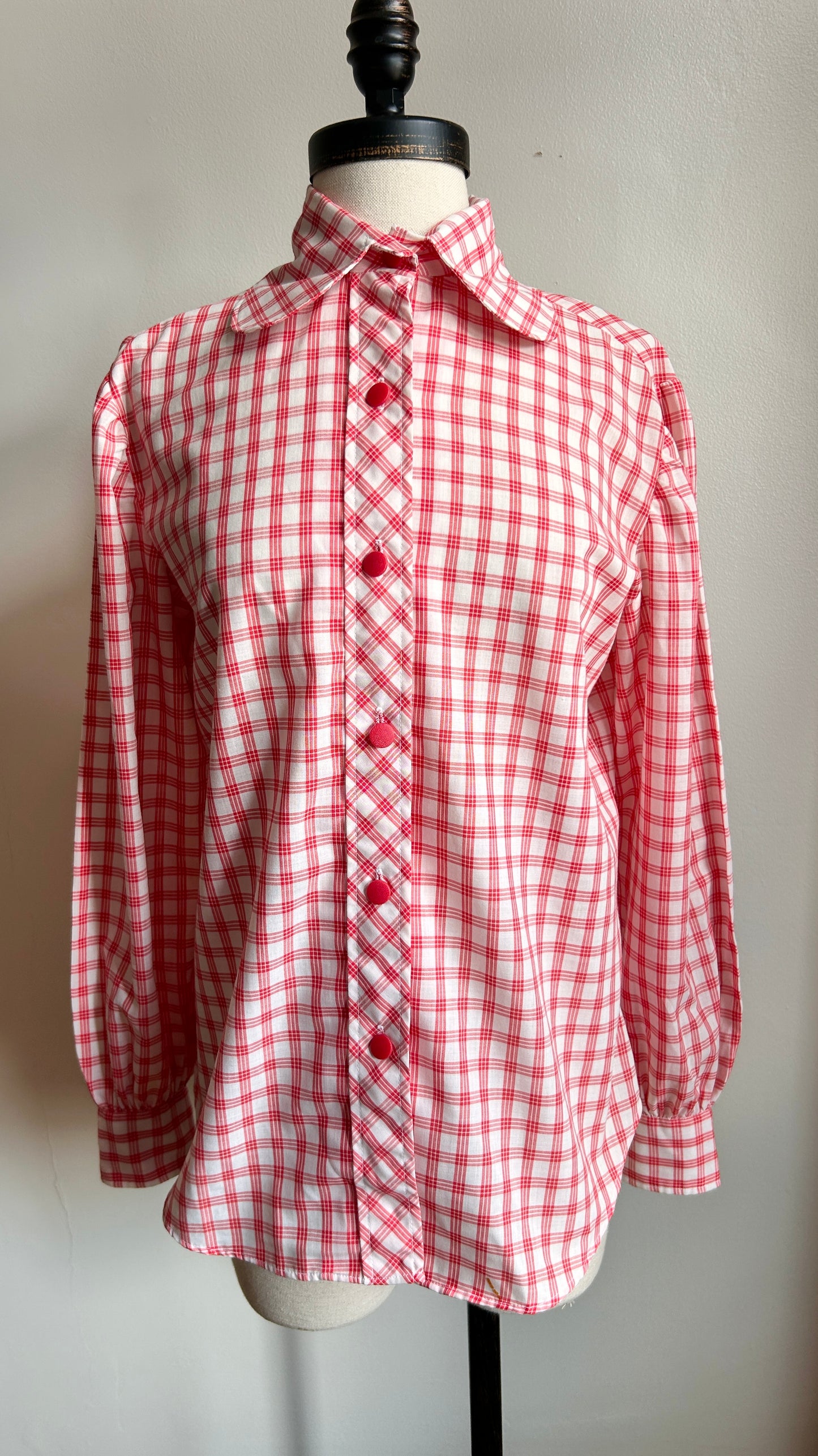 1970s white + red plaid rounded collar shirt, sz. large