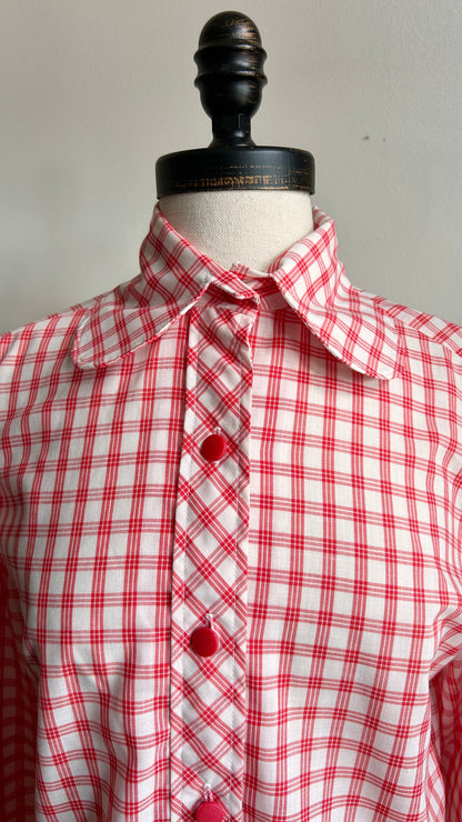 1970s white + red plaid rounded collar shirt, sz. large