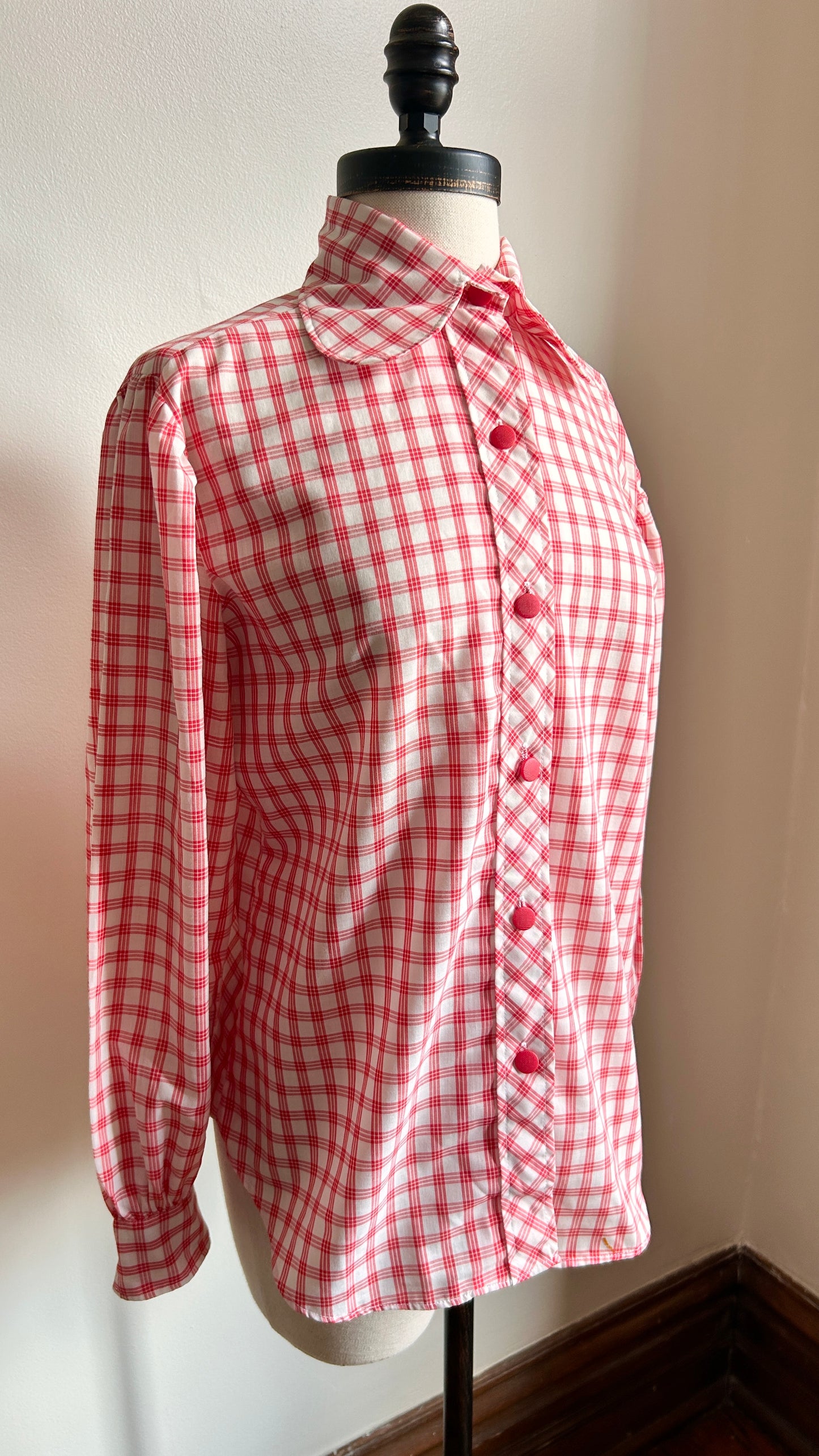 1970s white + red plaid rounded collar shirt, sz. large