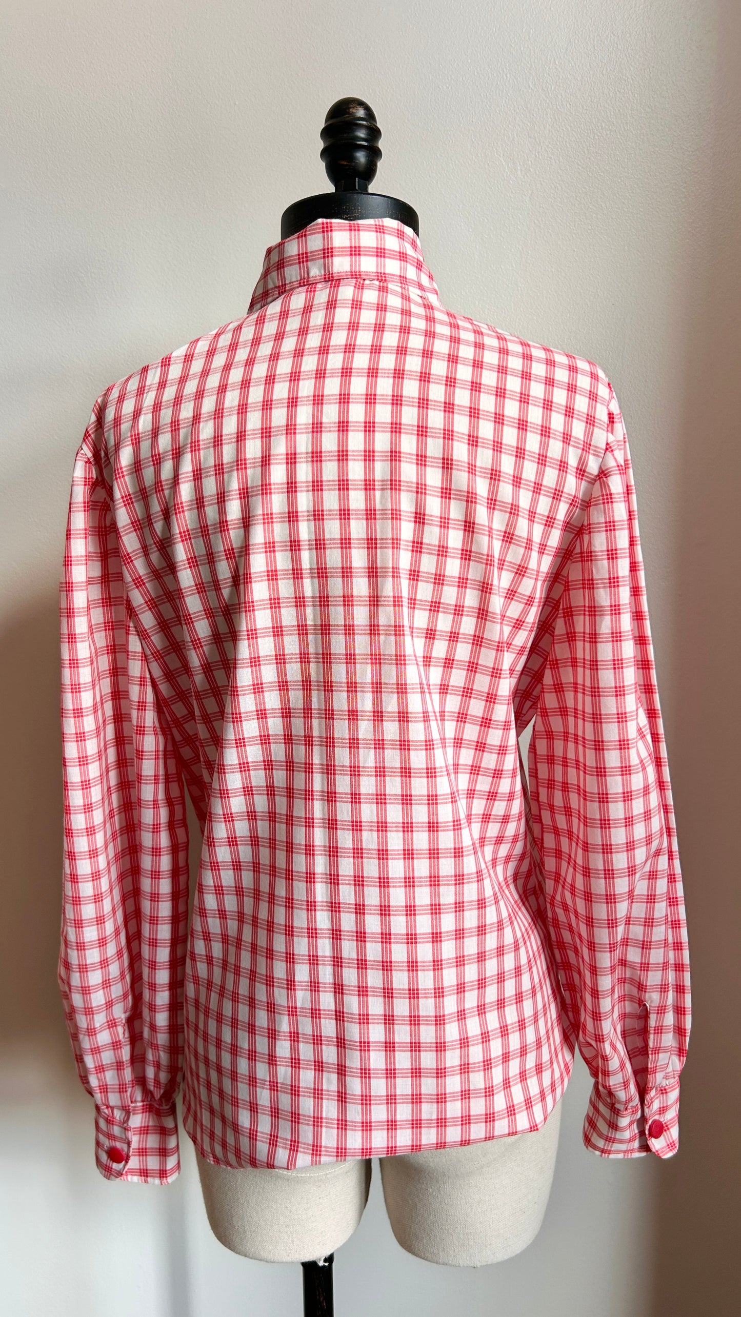 1970s white + red plaid rounded collar shirt, sz. large