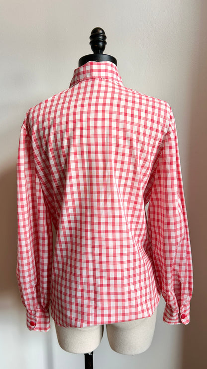 1970s white + red plaid rounded collar shirt, sz. large