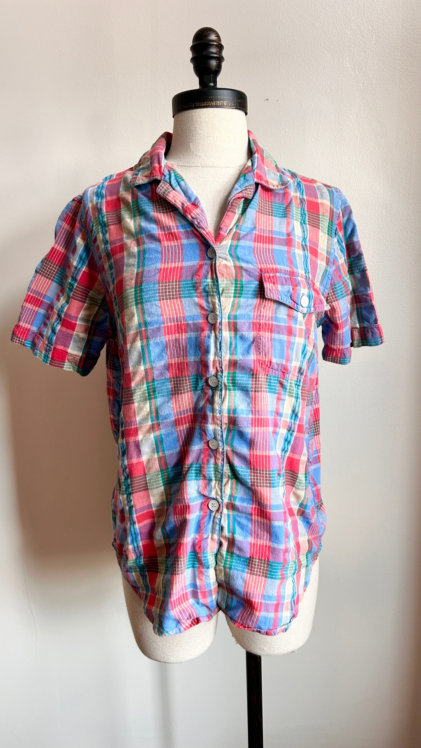 1990s red + blue plaid shirt, sz. small/medium