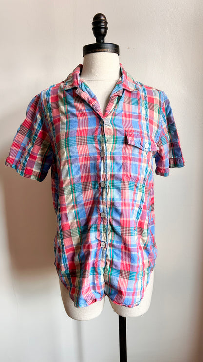 1990s red + blue plaid shirt, sz. small/medium